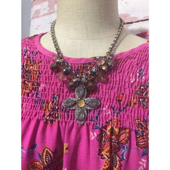 NWT New Bohemian Flower Beaded Necklace Silver & Gold Chunky Chain 20” - Picture 2 of 16